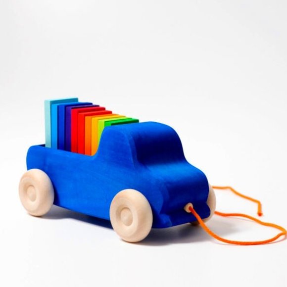 Grimms Other - NWT Grimm's Wooden Toys Pull Along Blue Truck with Building Slats